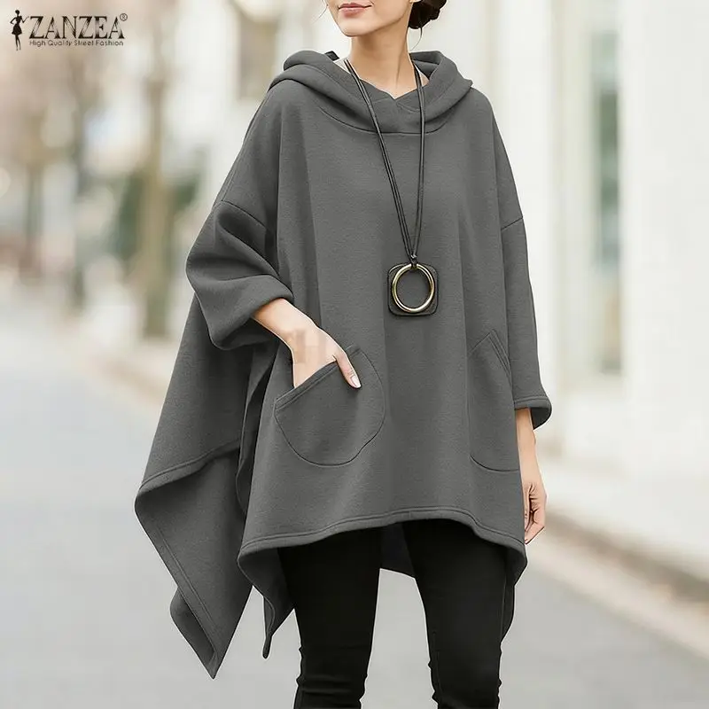 

ZANZEA Women's Asymmetrical Hem Gray Hoodies Oversized 3/4 Sleeve Pockets Solid Hooded Sweatshirts Autumn Cozy Woman Clothes