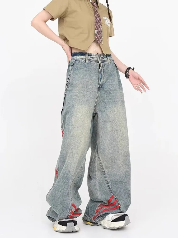 Striped Design Wide-leg Loose Jeans For Women Summer Thin Washed Retro Hip-hop High Street Style Long Pants Women's Jeans