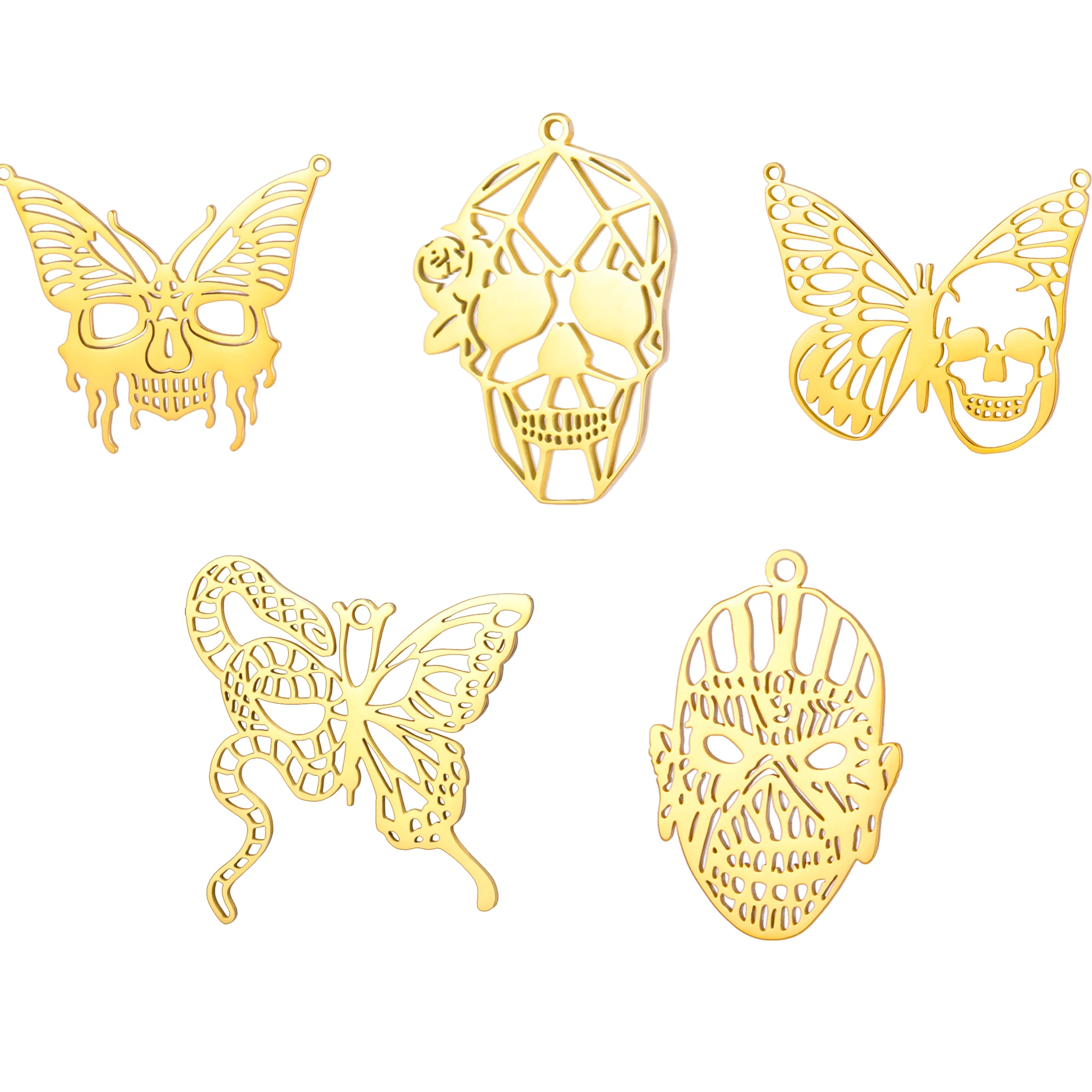5pcs Gothic Horror Openwork Charms Stainless Steel Skull Butterfly Mask Rose Snake Dark Pendant DIY Bracelet Necklace Jewelry
