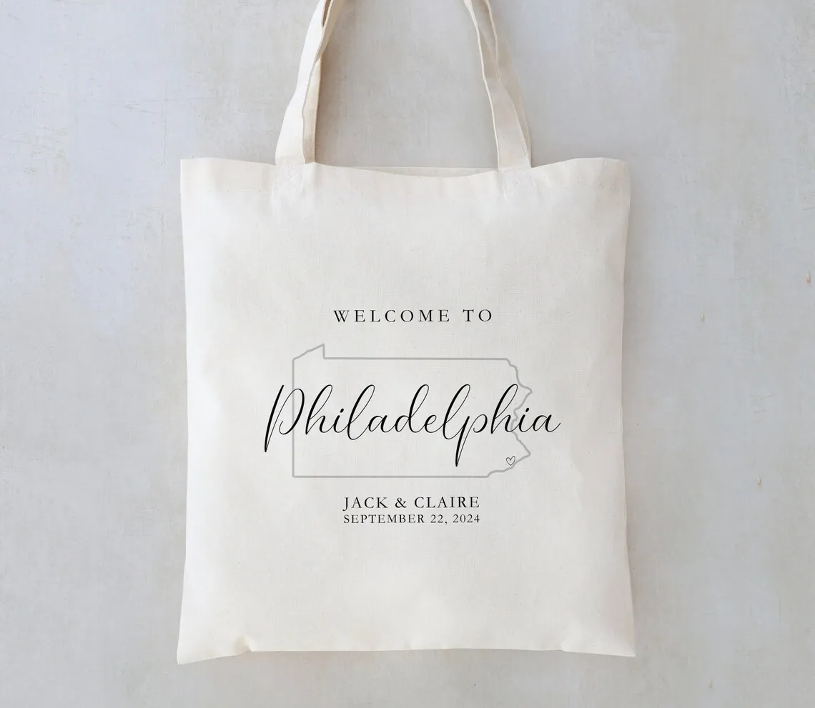 Pennsylvania Wedding Tote - Pennsylvania Wedding Guest Favor - Pittsburgh Wedding - State Outline Tote - Wedding Welcome - Phila