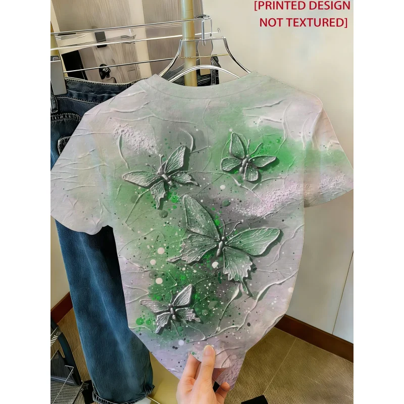 2026Forest-themed butterfly print T Women's T-shirt ，Fresh green effect round neck short sleeve shirt,Women's casual