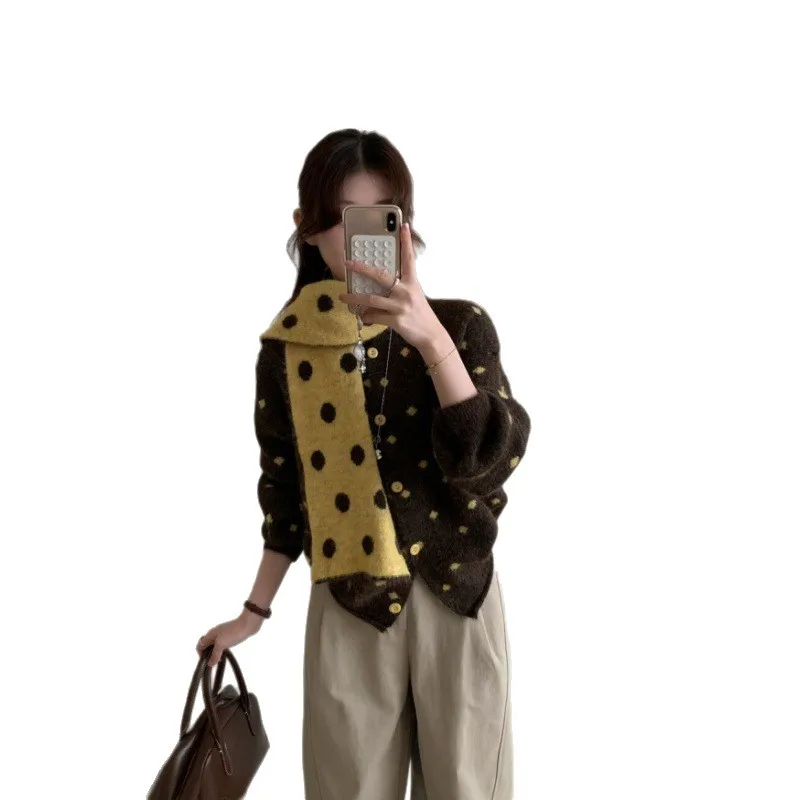 الكورية نمط البولكا نقطة متماسكة سترة وشاح المألوف تنوعا عادية لينة المرأة الخريف الشتاء جديد فضفاض سترة سترة #5