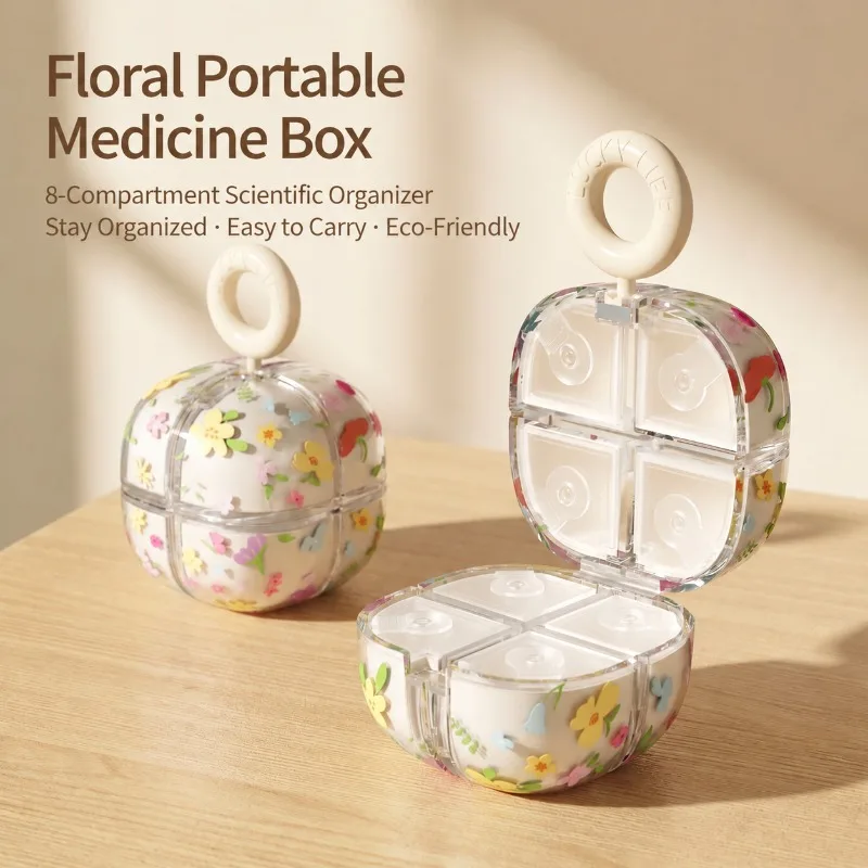 Flower Shaped 8 Compartment Pill Box with Handle Mini Portable Medicine Case Sealed Moisture Proof Drug Storage Container Daily