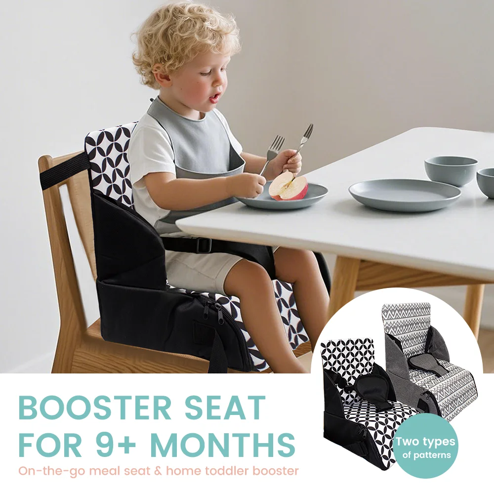 Portable Toddler Booster Seat with 3-Point Safety Harness, Foldable Lightweight Baby Dining Chair Cushion, Non-Slip Base Storage