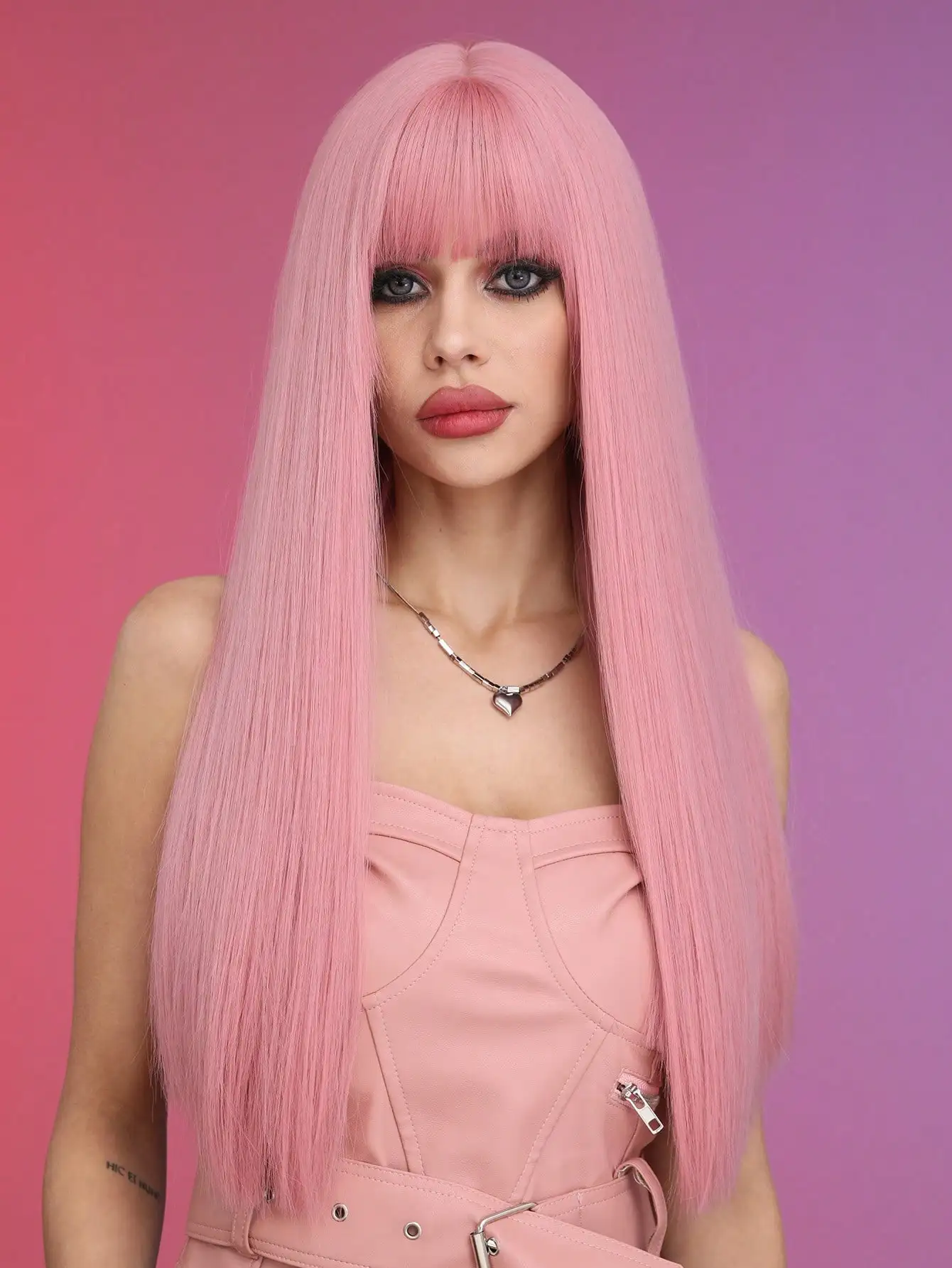 

Pink Wigs Long Straight Synthetic Wig with Bangs Woman Wigs Heat Resistant Fake Hair Natural Looking Wigs for Daily Pa
