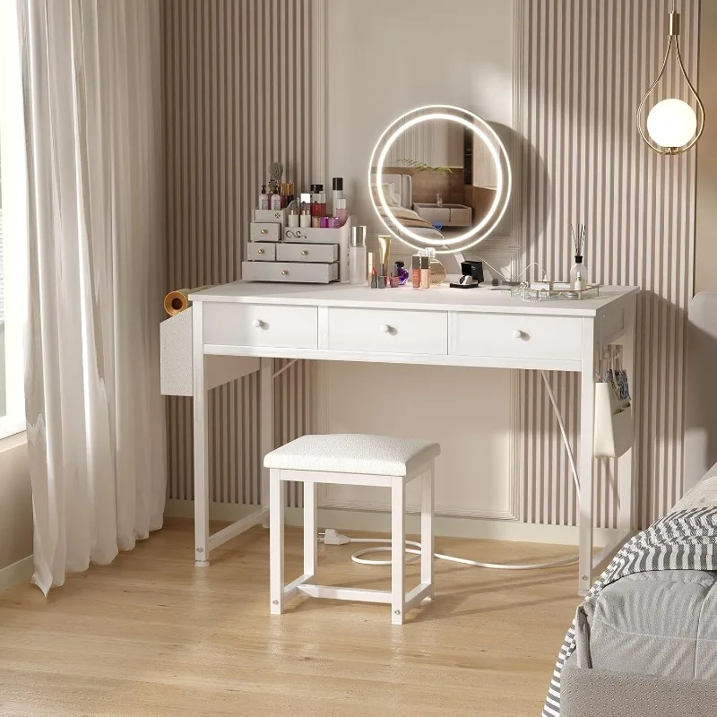 White Makeup Vanity Desk with Mirror and Lights, 40 inch Make Up Vanity Desks with Fabric Drawers & Power Outlet, Dressing