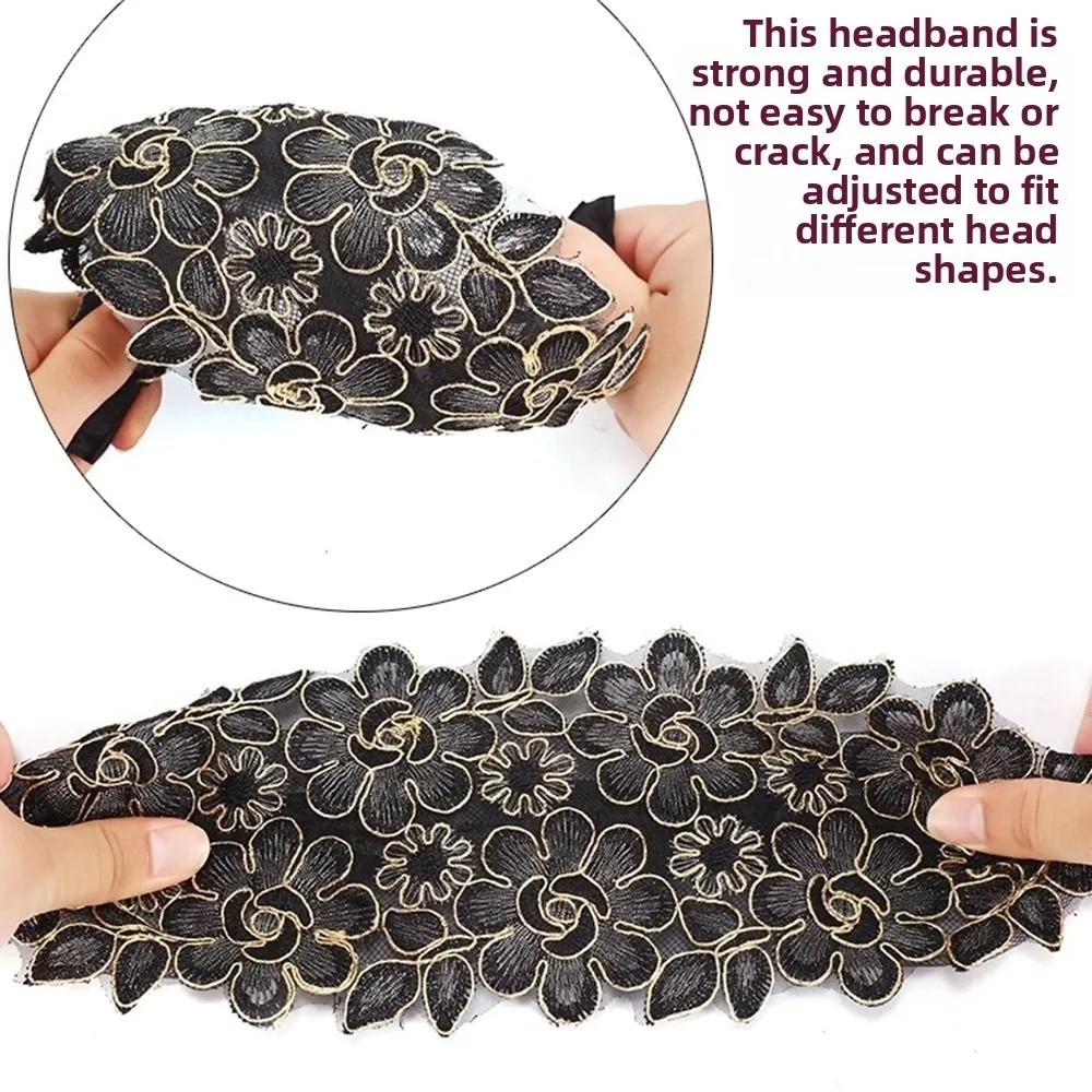 Niedliches breites Spitzen-Mesh-Haarband mit Blumen, elastisches Damen-Haarband, rutschfest, mit Hohlmuster, hohle Kopfbedeckung für Mädchen – Detail 8