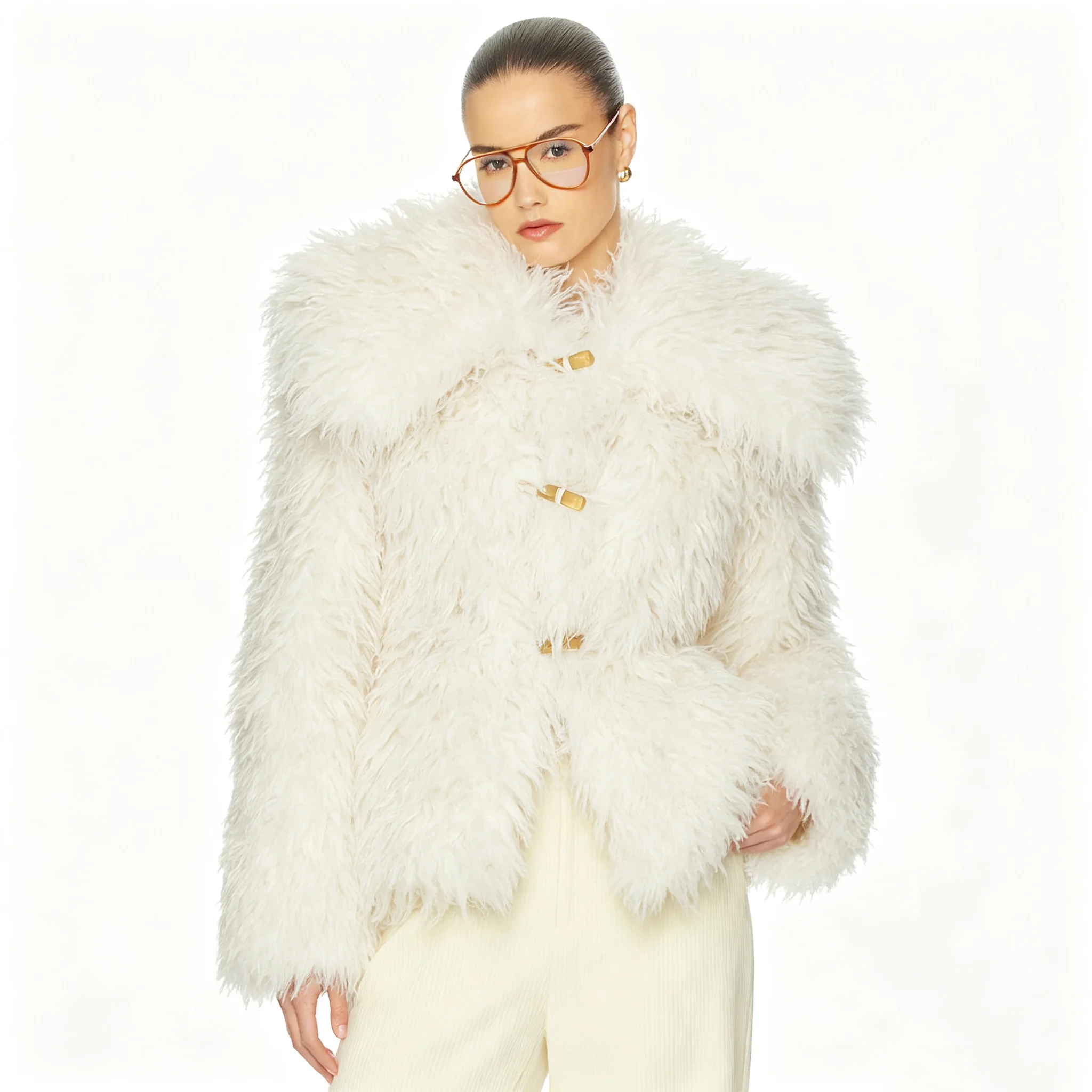 RU 2026 Fluffy Collar Curly Faux Fur Jacket Toggle Buttons Slim Coat Suitable For Elegant Daily Party Street Outfits