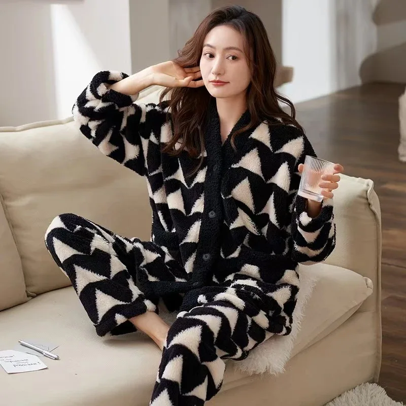 

Autumn Winter Women's Thickened Pajama Set Nightgown Homewear Sleepcoat Girl's Loose Sleepwear Fleece-Lined Keep Warm Outerwear