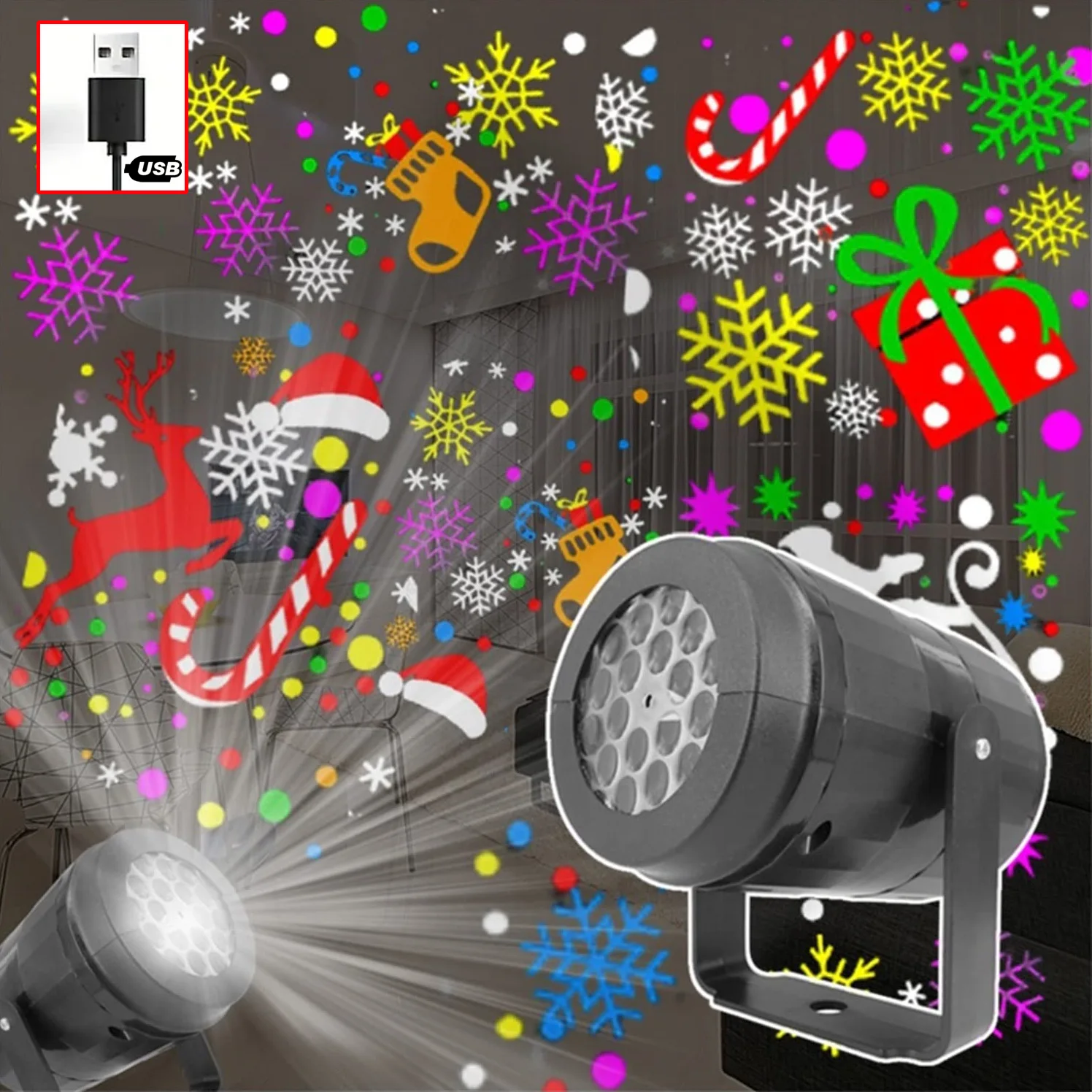Christmas Projector Light 16 Patterns Rotating LED Projection Lamp Santa Snowflake Pattern Holiday Projector for Xmas Home Party