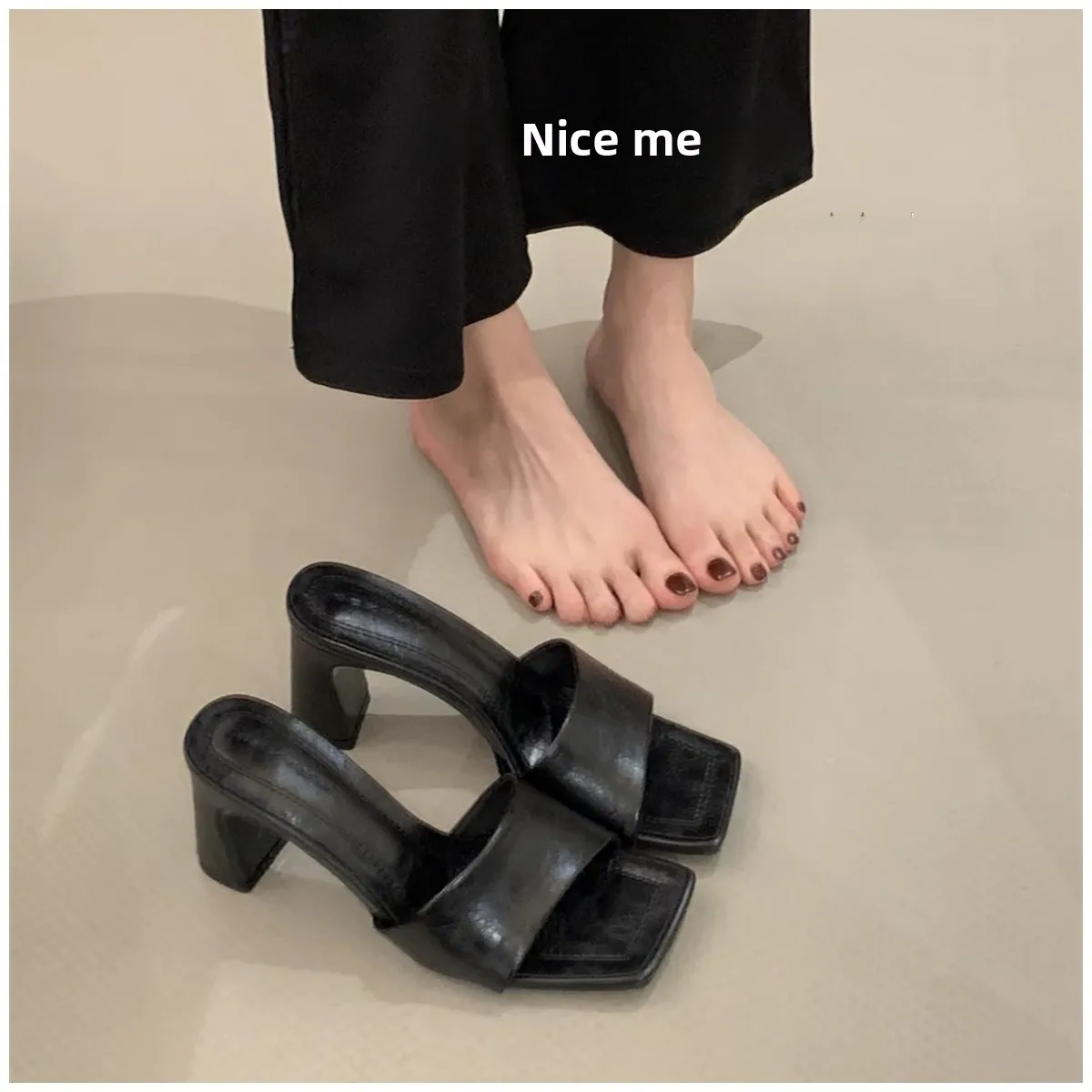 

Faionable Chunky Heel High-Heeled Sandals NICE ME2025 Summer New Sle Versatile Slip-On Slippers Korean Sle Pure Color