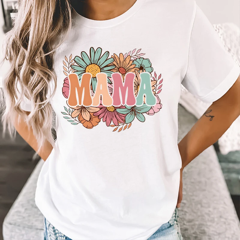 Retro Flower MAMA Graphic T Shirts Women Mothers Day Gift for New Mom Cute Mama T-shirt Leopard Lightning Mama Crew Neck T-shirt