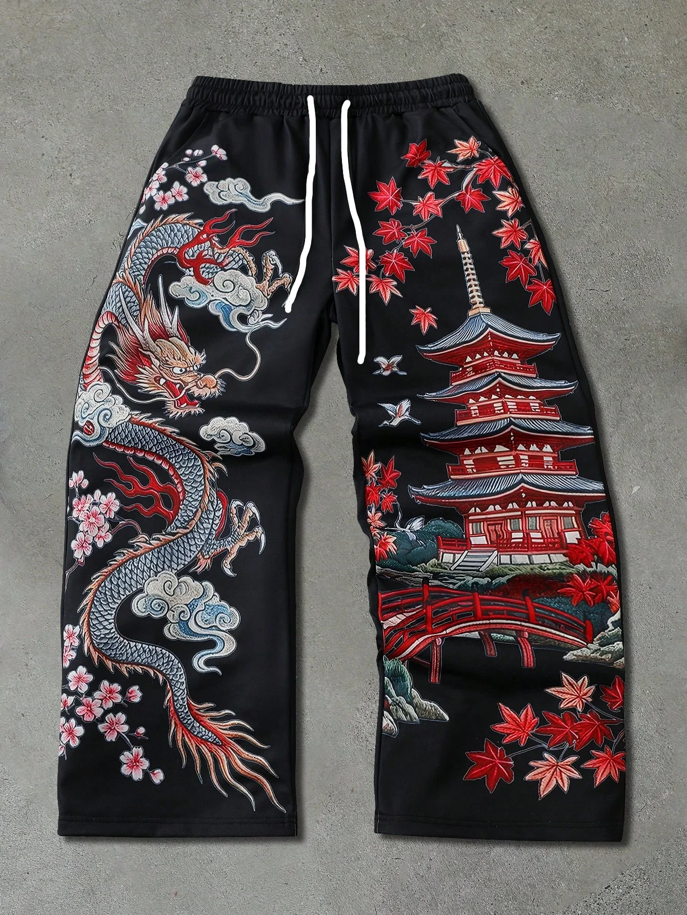 Harajuku Vintage Casual Bottoms Quick Dry Classic East Asian Dragon Red Leaf Pagoda Scenery Print Basic Training Jogginghose für Kinder – Detail 9