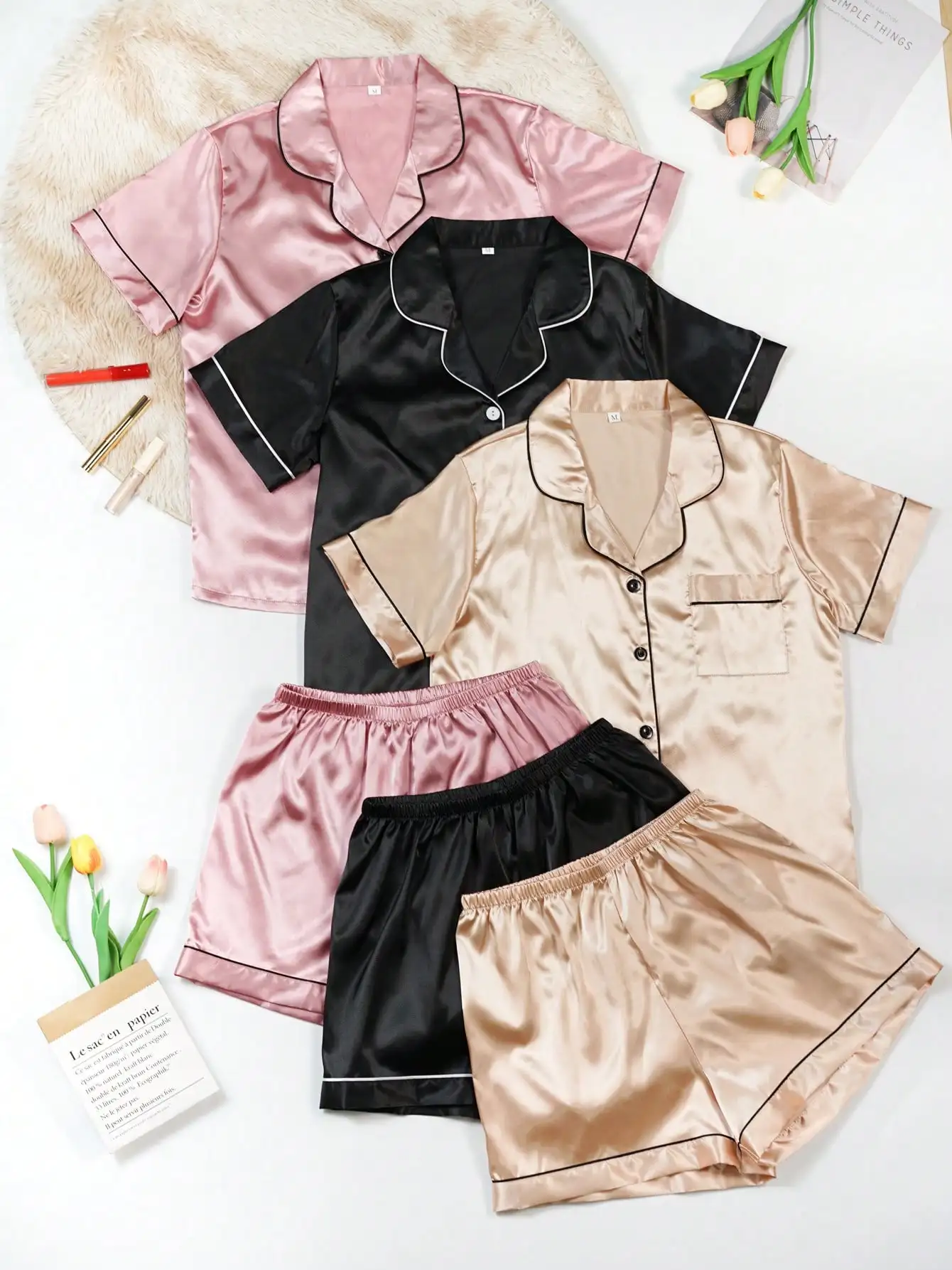 

3-Piece Satin Pajama Set for Women - Short Sleeve Button-Up Top & Shorts