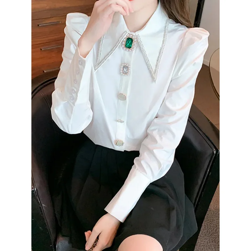 

New Autumn Luxury Beaded Diamond Blouse Shirt For Women's Long Sleeve Versatile White Elegant Top