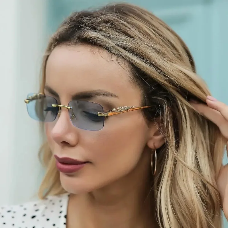 Rimless Square Sunglasses Women Men Luxury Brand Designer Popular Travel Driving Metal Leopard Head Sun Glasses Shade Eyewear view 5