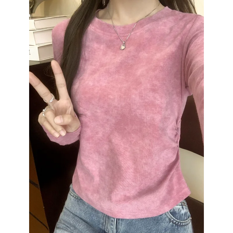 Retro Tie-dye High-end Right-shoulder Pleated Long-sleeved T-shirt for Women New Slim-fitting Bottoming