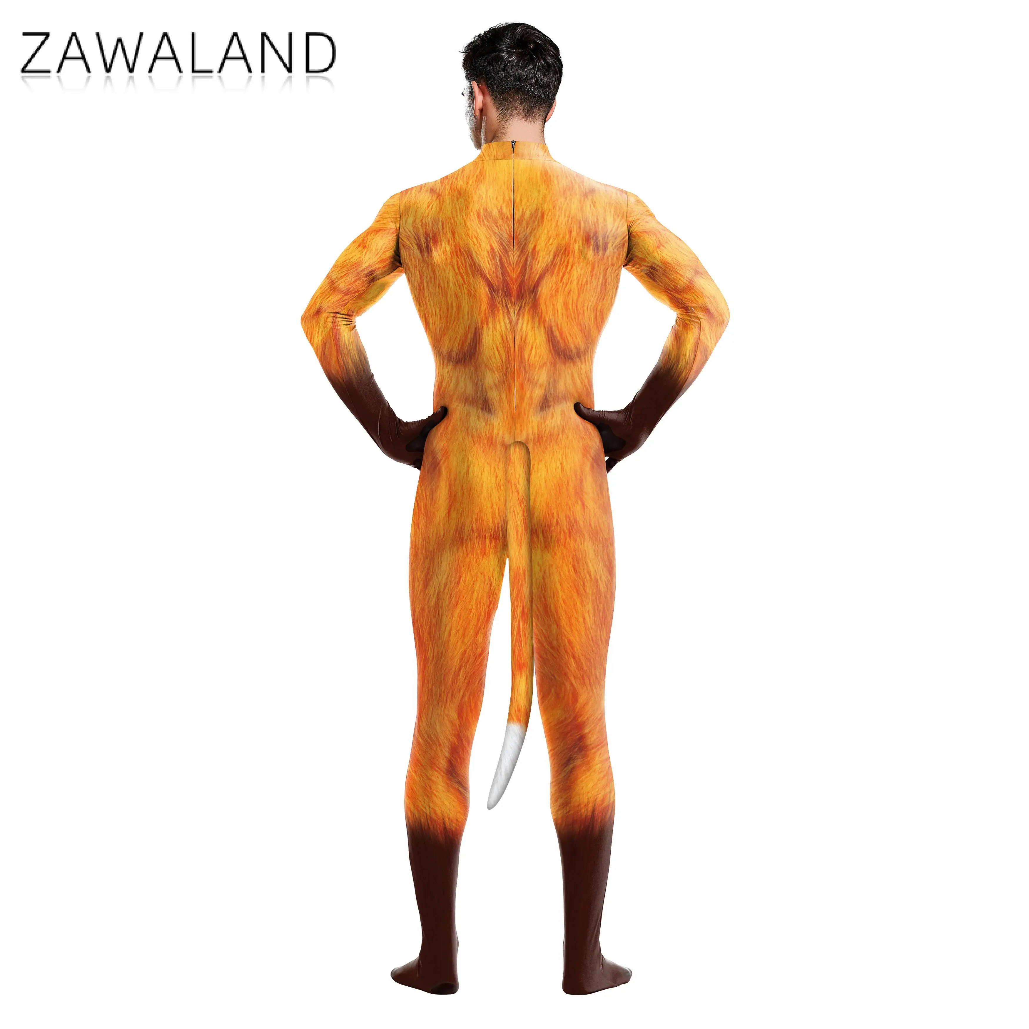 Zawaland هالوين كامل تأثيري ازياء Masculino غطاء كامل الثعلب مطبوعة الخيال Catsuit الكبار Zentai عبودية العضلات دعوى