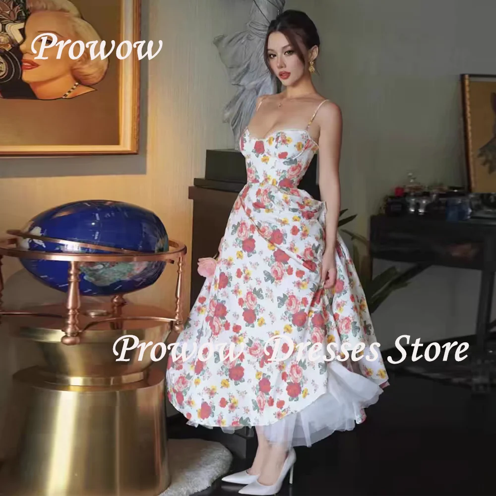 

Prowow Vintage Floral Print Prom Dress Spaghetti Straps A Line Wedding Party Gown Ankle Length Lace Up Back Garden Customized