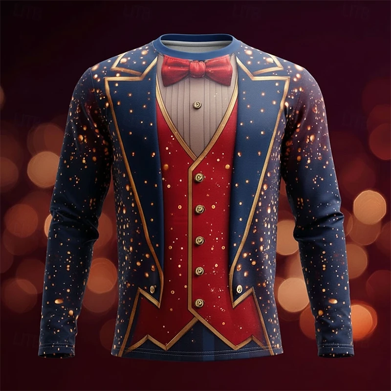 Realistic Suit Pattern Christmas T Shirt For Men Funny Fashion 3D Printed Long Sleeve T-shirts Casual Oversized Tees Pullovers