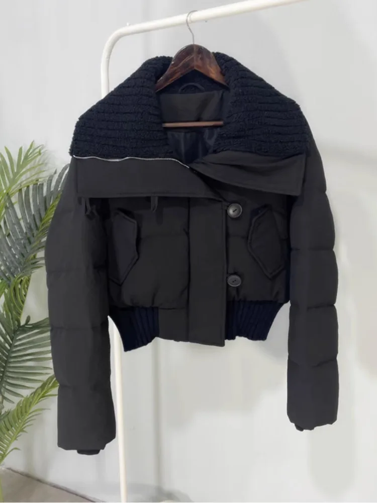 2026 Autumn Winter Women Fake Two Pieces Padded Jacket Turn-down Collar Crop Down Jacket Korean Thick Parkas Outwears Designer