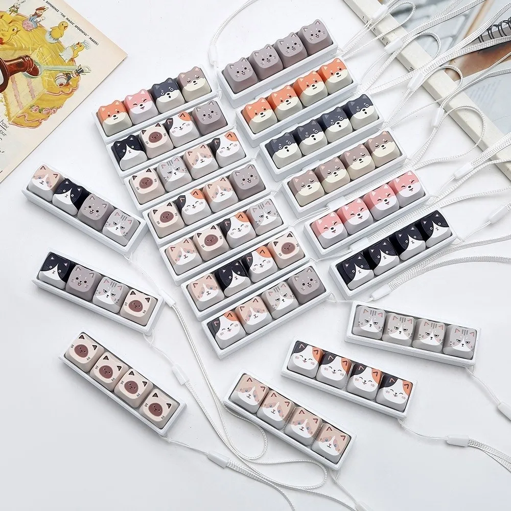 4 Keys Mechanical Keycap Keychain Cat Shape Portable Finger Press Keyring Lightweight Pinch Design Keycap Fidget Keychain