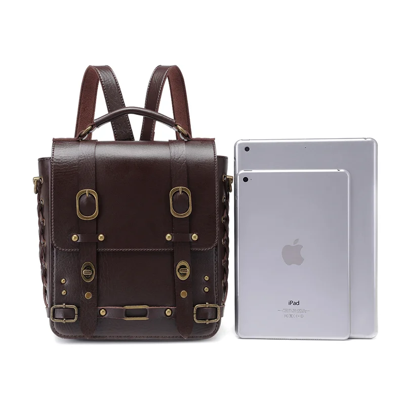 Vintage Steampunk Brown Faux Leather Backpack with Antique Brass Hardware, Retro Gothic Rucksack, Multi-functional Shoulder Bag