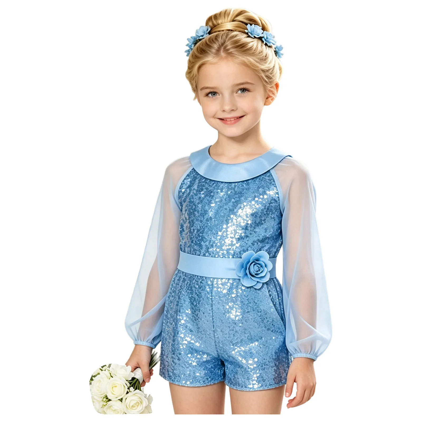 Teen Girls Elegant Sequin Rompers with 3D Flower Brooch Satin Lapel Chiffon Long Sleeve Jumpsuit for Wedding Birthday Pageant