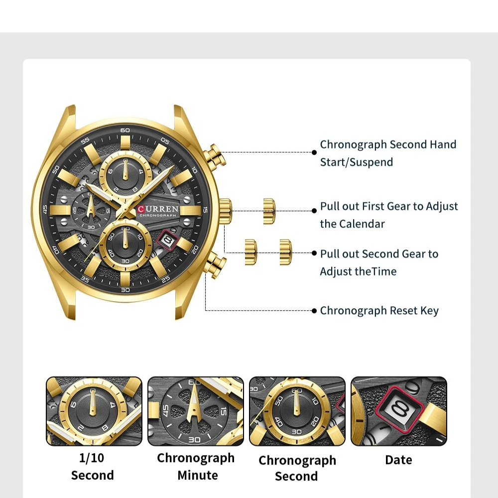 CURREN 8495 New Men's Business Multifunctional Steel Belt Watch Waterproof Calendar Fashion Watches for Men Gift Reloj Hombre view 5