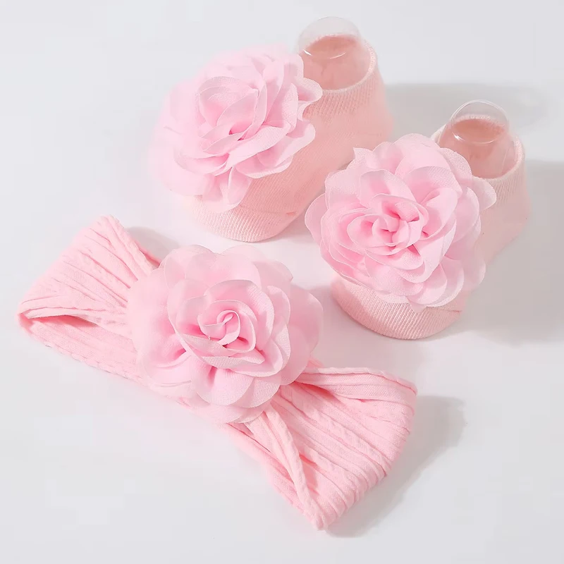 

Newborn Girl Flower Headband And Socks Set Soft Nylon Elastic Turban Anti-Slip Short Socks Baby Girl Accessories