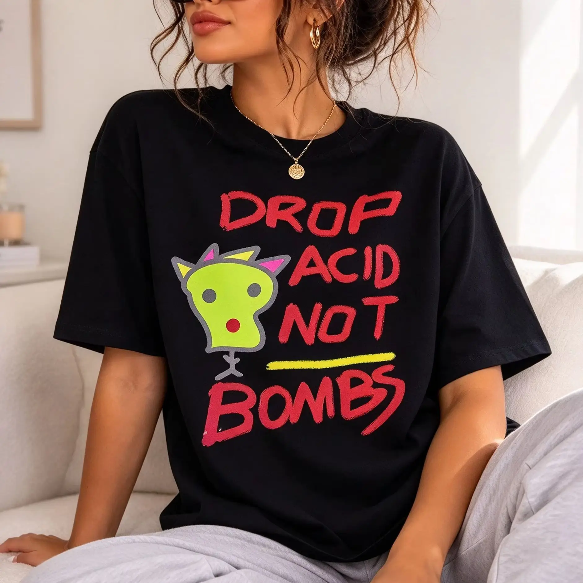 Women 100 Percent Cotton Vintage Washed Tee Psychedelic Cartoon Alien Graffiti Letter Print Oversized Short Streetwear  Top