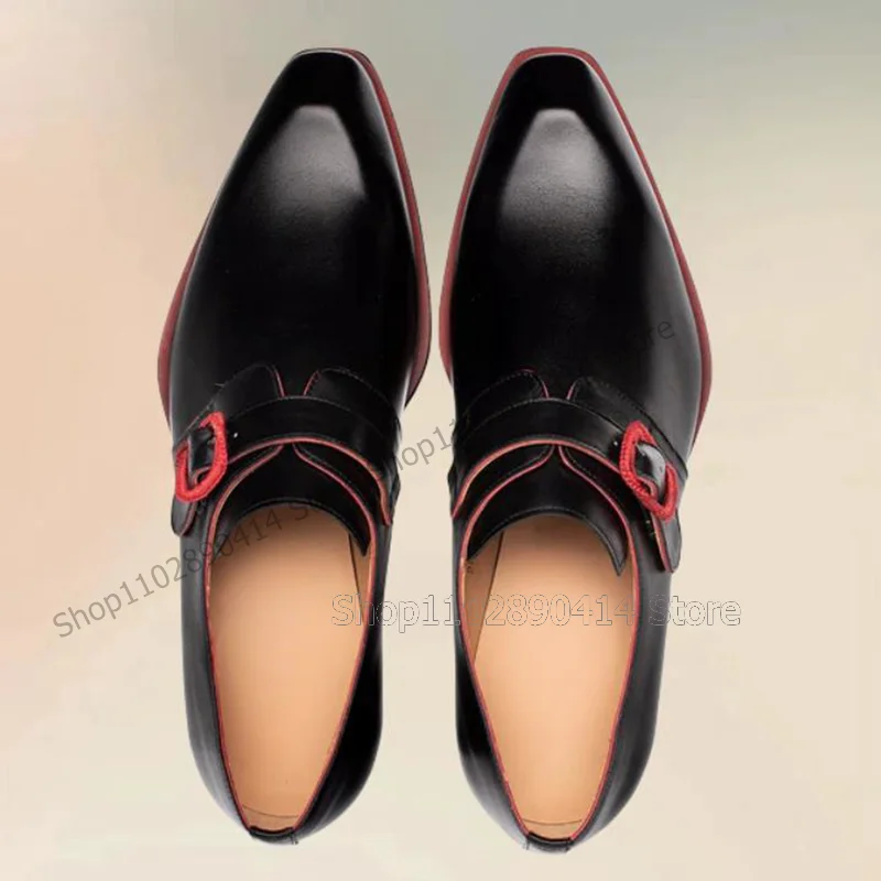 

Red Buckle Decor Black Square Toe Loafers Fashion Slip On Men Shoes Luxury Handmade Party Feast Banquet Office Men Dress Shoes