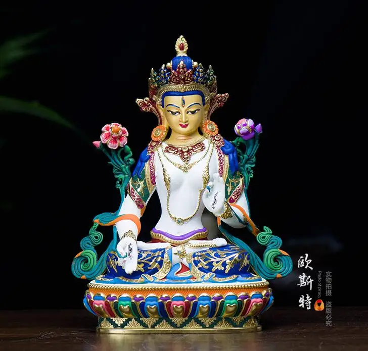 TOP GRADE GOOD BUDDHA -BLESS FAMILY HOME SAFETY HEALTH LUCK EFFICACIOUS TALISMAN TIBET WHITE TARA PAINTED BUDDHA STATUE