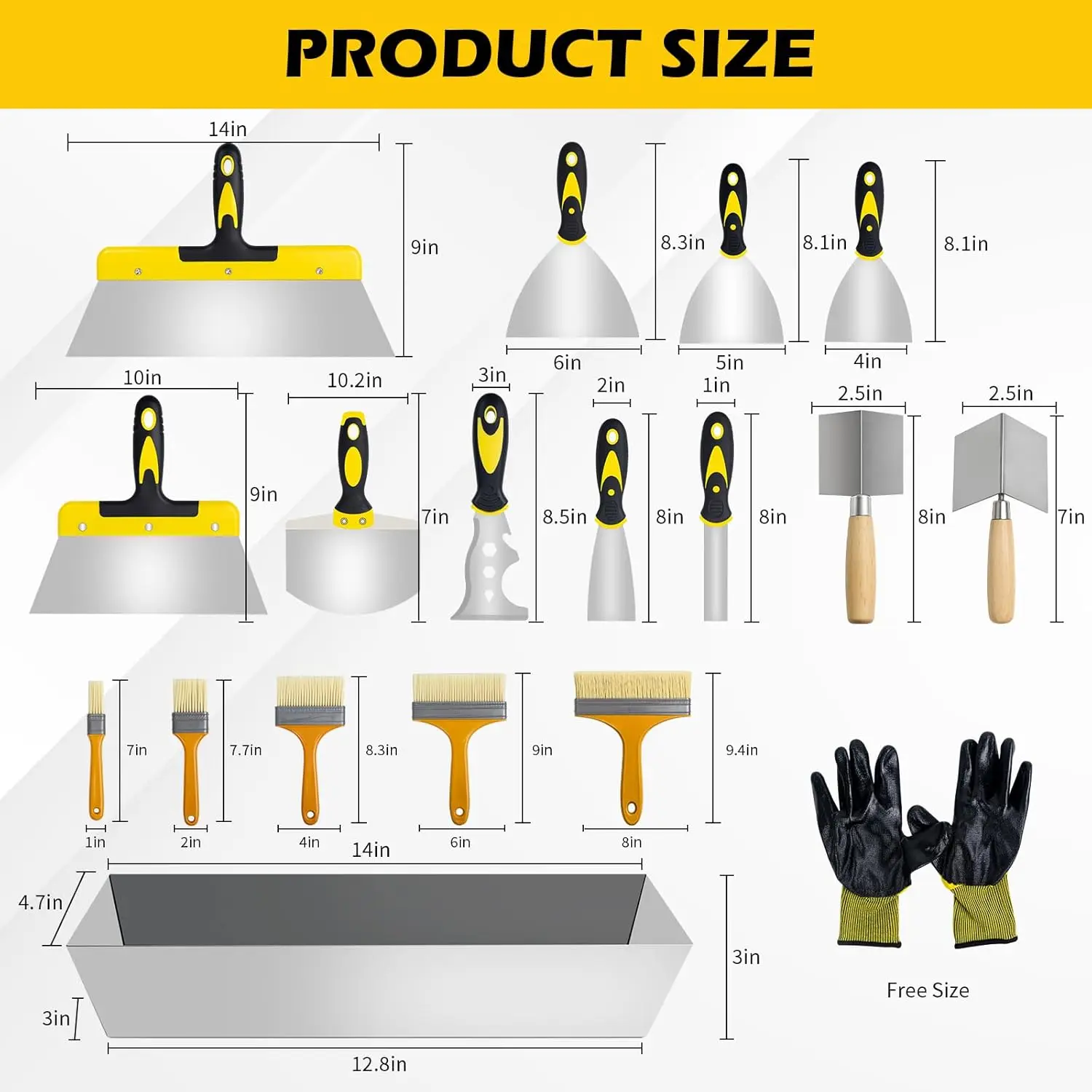 مجموعة سكاكين المعجون المكونة من 18 قطعة، سكين الحوائط الجافة، طقم الحوائط الجافة مع وعاء الطين، سكين ربط 1 بوصة 2 بوصة 3 بوصة 4 بوصة 5 بوصة 6 بوصة، سكاكين تسجيل 7 بوصة 10 بوصة 14 بوصة #2