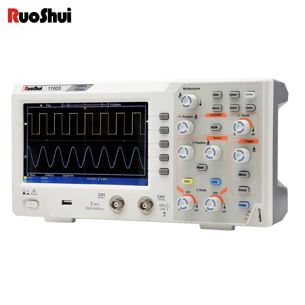 RuoShui 1100S Digital Oscilloscope 2 Channel 100Mhz Input USB Oscillograph Kit 1Gsa/s Sampling Rate LCD Ana-log Bandwidth Tester