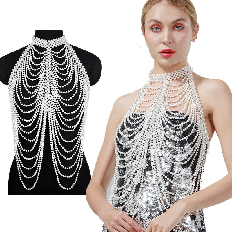 Sexy Sling Pearl Body Chains for Women's Collar Shoulder Shawl Adjustable Beaded Tops Chain Wedding Dress Pearls Body Jewelry