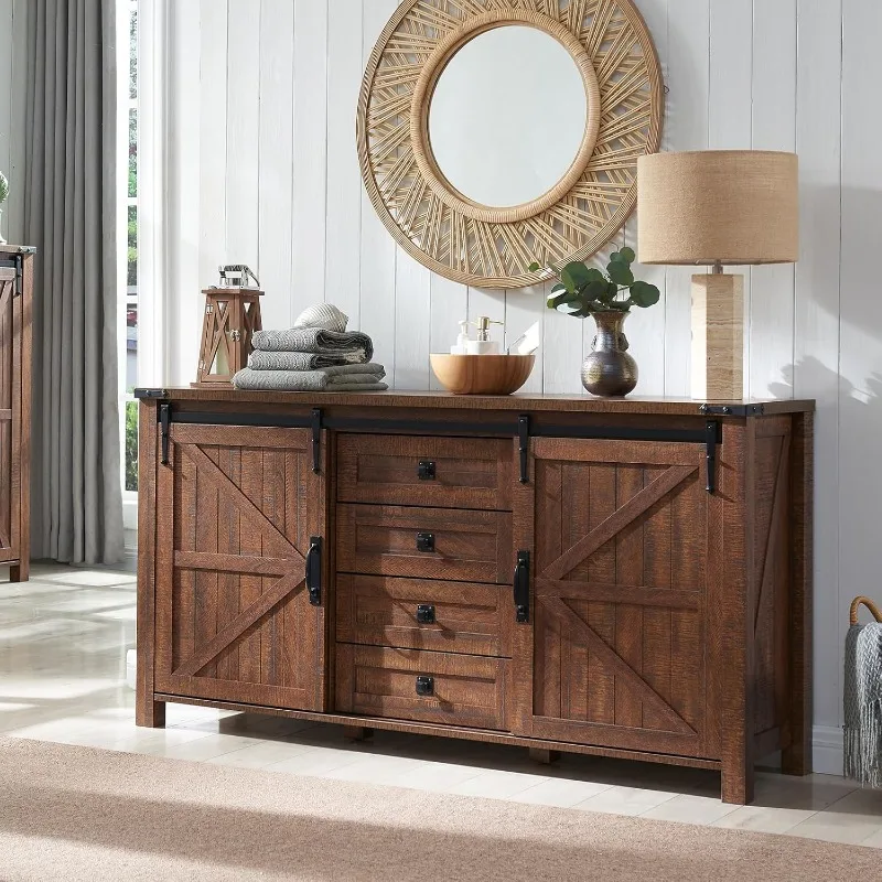 60'' Farmhouse Dresser Chests for Bedroom w/4 Drawers & Sliding Barn Doors, Tall Chest of Drawers, Rustic Dresser TV Stand