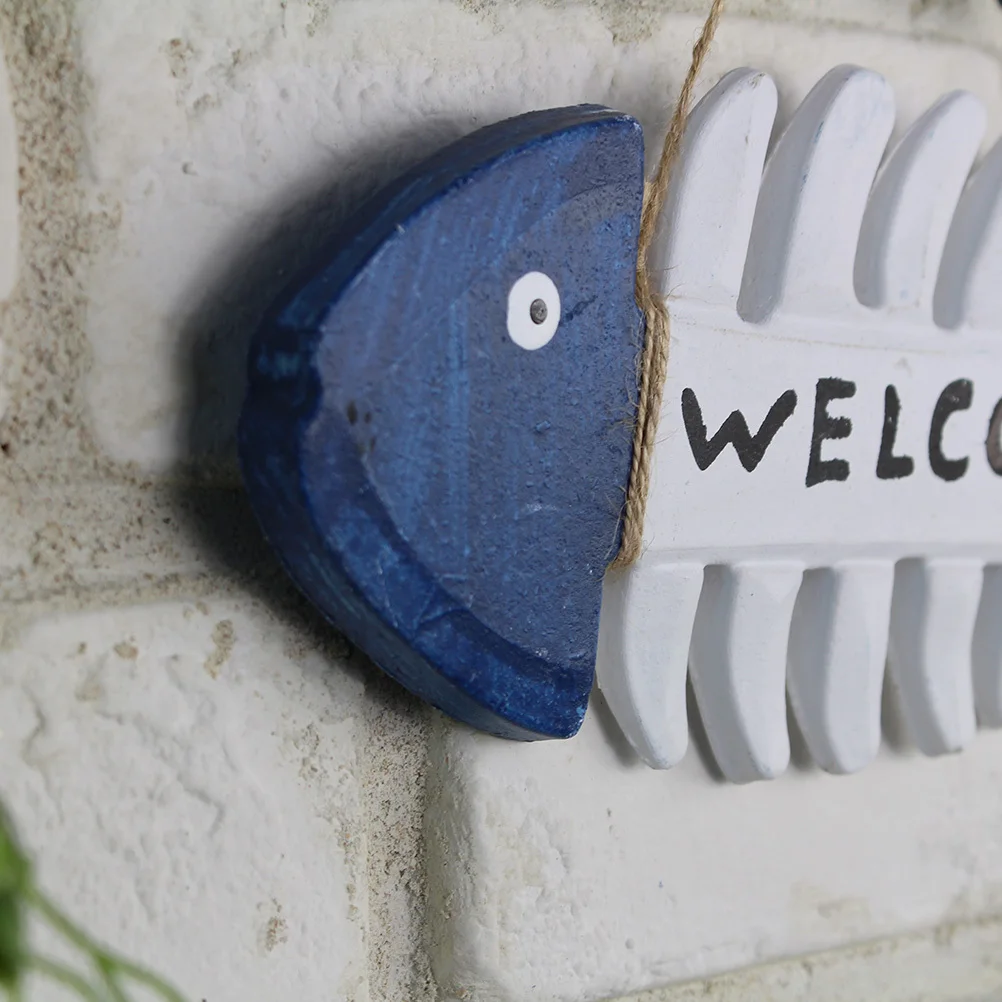 

Welcome Wooden Fish Hanging Blue Handmade Mediterranean Style Nautical Wall Decor Rope Home Beach Shop