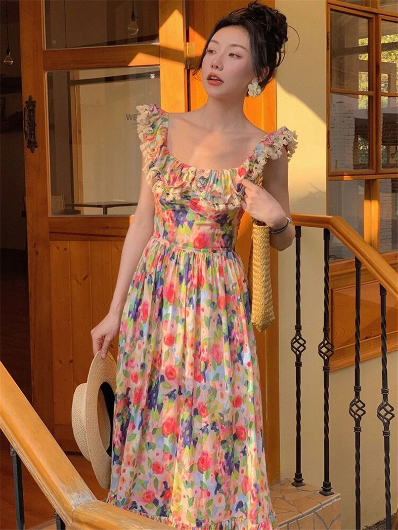 Stylish Floral Print Cotton Maxi Dresses Summer Fairycore Lace Patchwork Elegant Party Long Dress Women Big Collar Vestidos