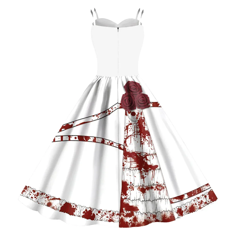 Vintage Gothic Doppelriemen-Swingkleid mit Skelett-Brustmuster, mehrfarbigem Blumen- und Totenkopf-Aufdruck, Damen-Halloween-Cosplay-Kostüm – Detail 18