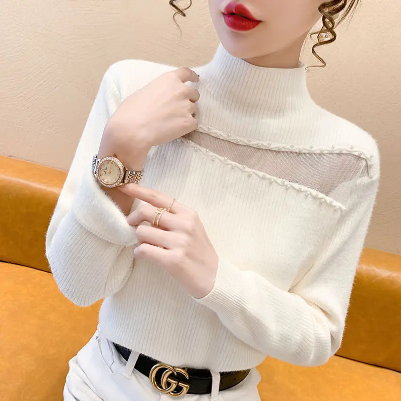 Jesień Zima Damska 2024 Nowy Spliced Half High Collar Gauze Hollow Out Fashion Solid Color Slim Casual Long Sleeve Knitted Top