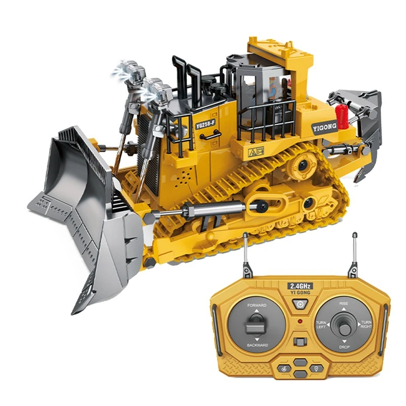 1:24 2.4 Ghz 9 ช่องรีโมทคอนโทรลรถแทรกเตอร์ของเล่น Bulldozer RC อลูมิเนียมวิศวกรรมรถแทรกเตอร์ของเล่นสําหรับเด็ก