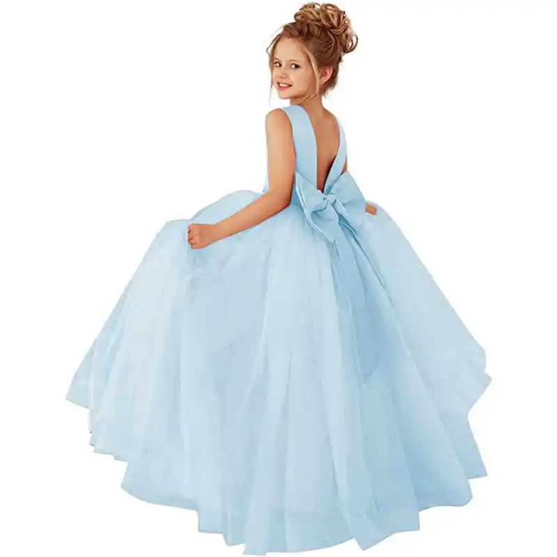 Girls Light Blue Big Swing Tulle Dress, Sleeveless Backless Long Princess Gown with Large Bow, Flower Girl Birthday Party Dress