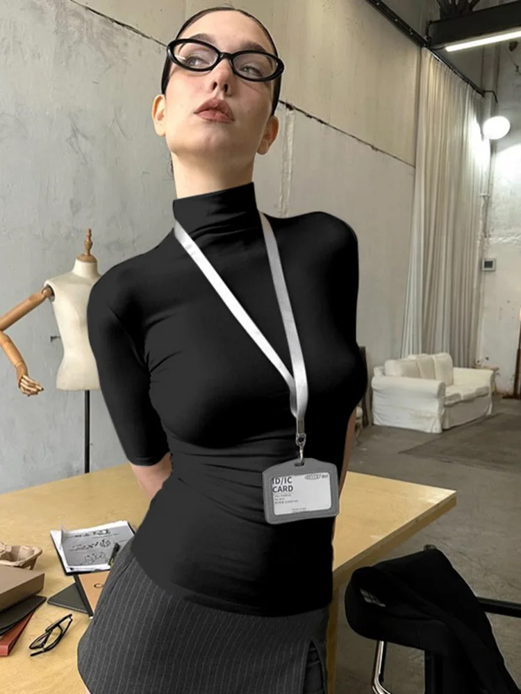 Damen Rollkragenpullover mit Halben Ärmeln, Figurbetontes Strick-Oberteil, Einfarbig, Dehnbar, Basis-Layering-Shirt für Büro und Alltag – Detail 7