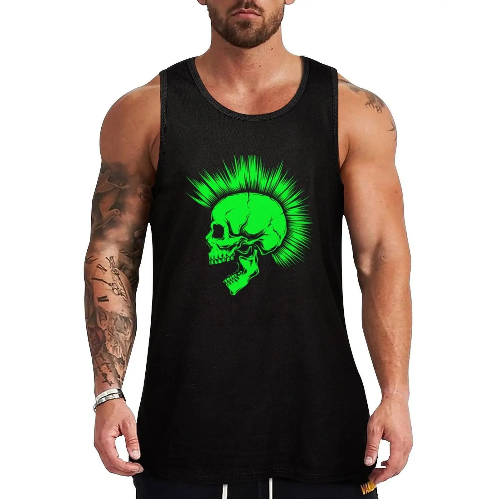 Fluo Green Punk Skull with Mohawk Tank Top Classic Fit Tank Tops Undershirt Everyday Wear