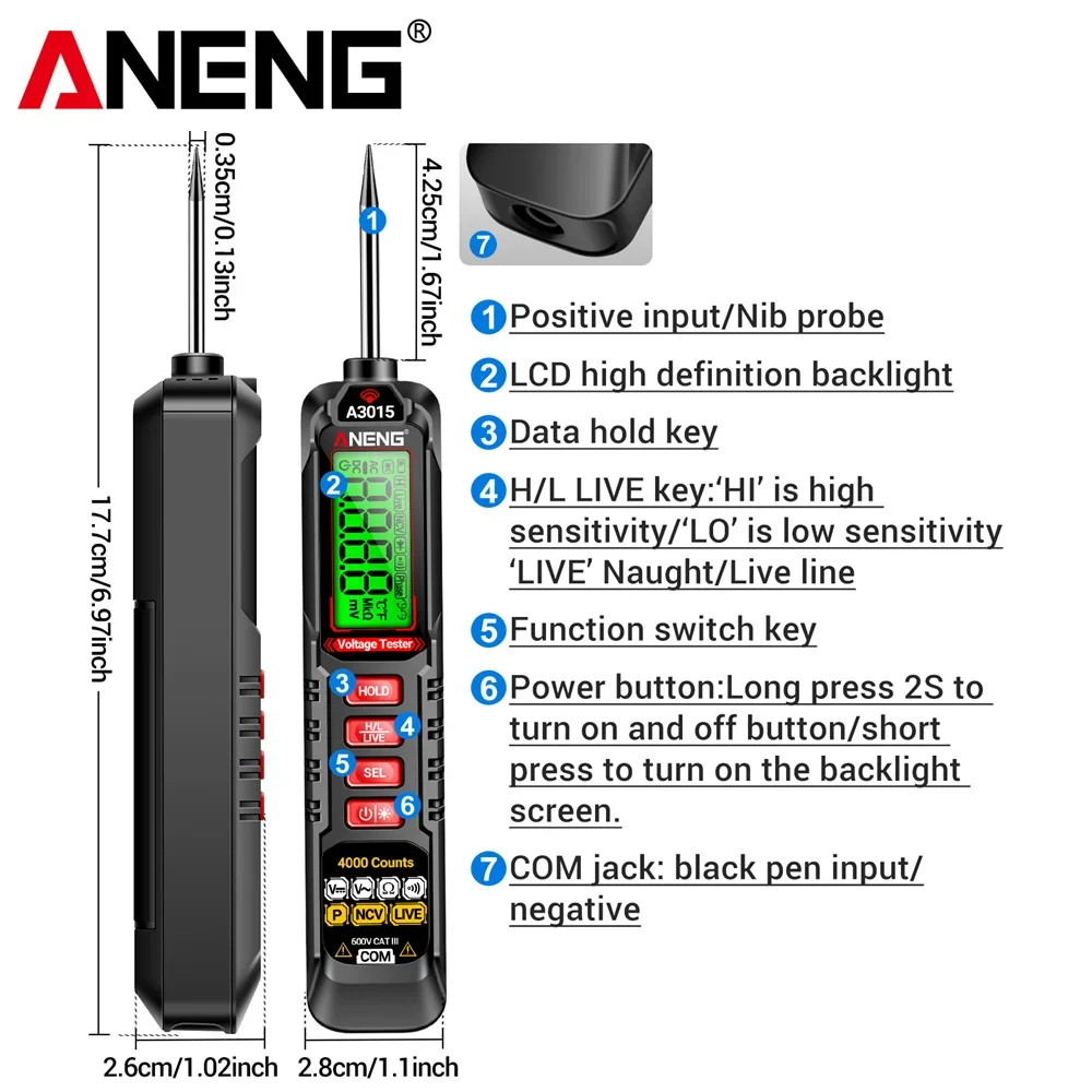 ANENG A3015 Smart Pen Multimeter AC/DC Spannung NCV Spannung Induktion Digitale Hintergrundbeleuchtung Auto Sicherung Diagnose Sonde Detektor Stift