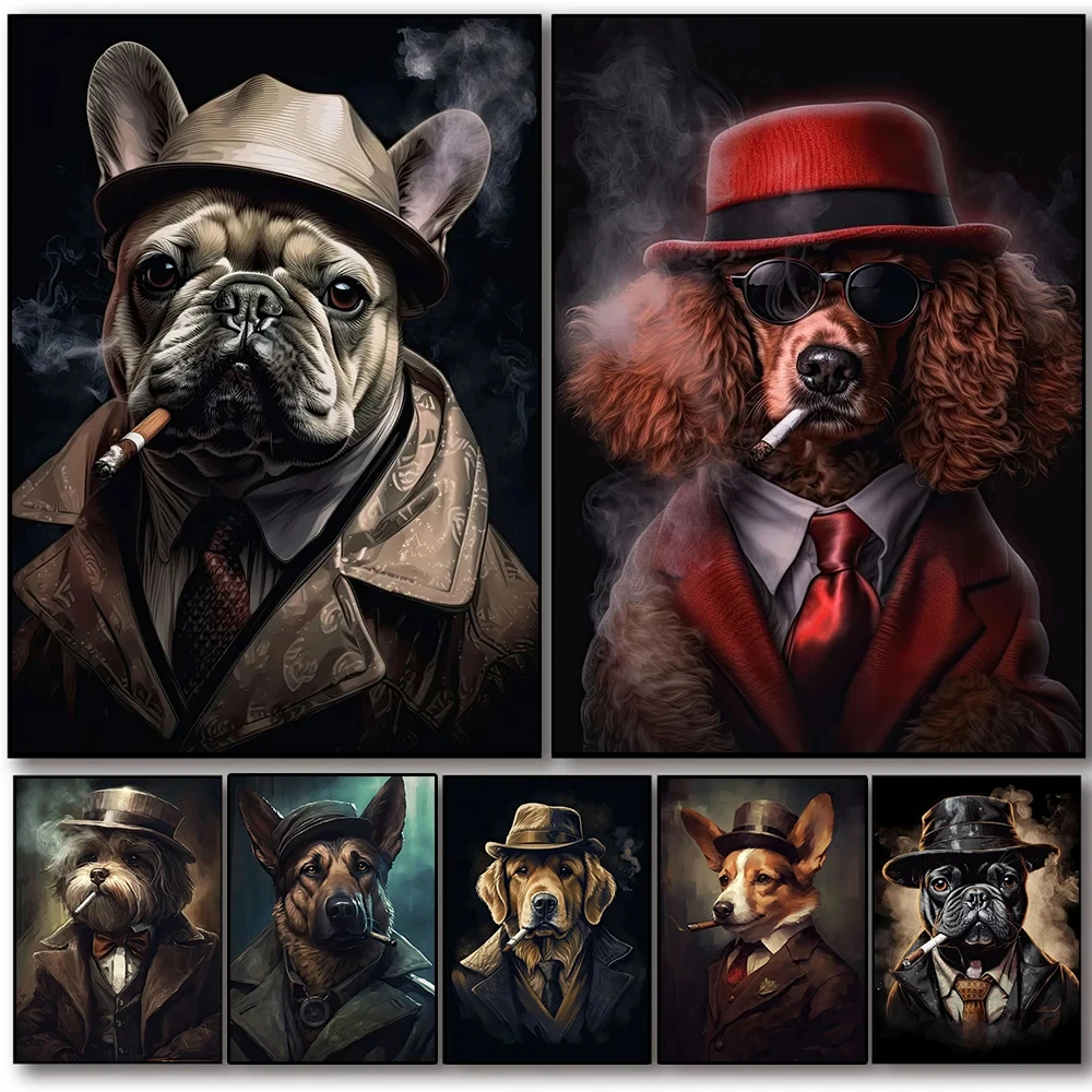 Cool Funny Animal in Suits Smoking Poodle French Bulldog Gangster Art Poster Canvas Painting Wall Prints Picture Room Home Decor
