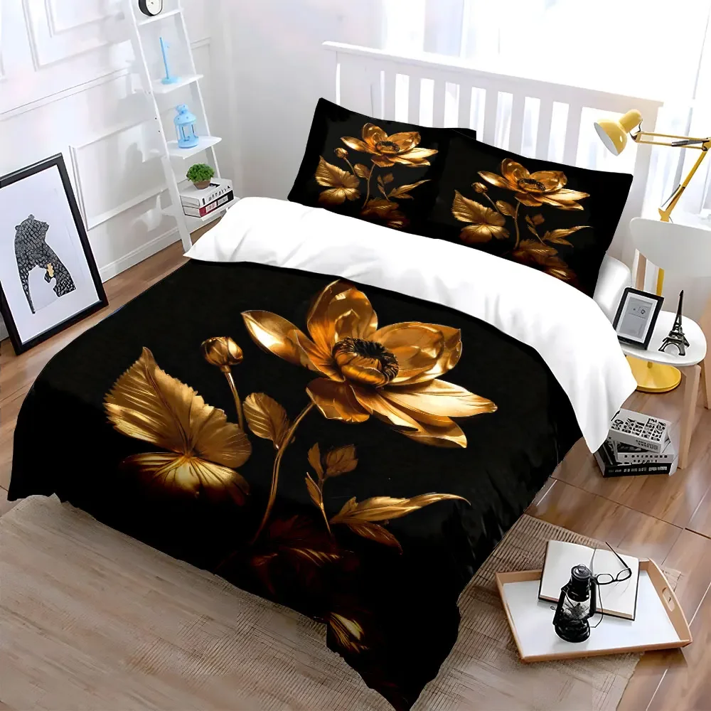 Golden Floral Artwork Decorative Set Soft Comfortable Duvet Cover Bedding Set Included 1*Duvet Cover & 2*Pillowcases, gift