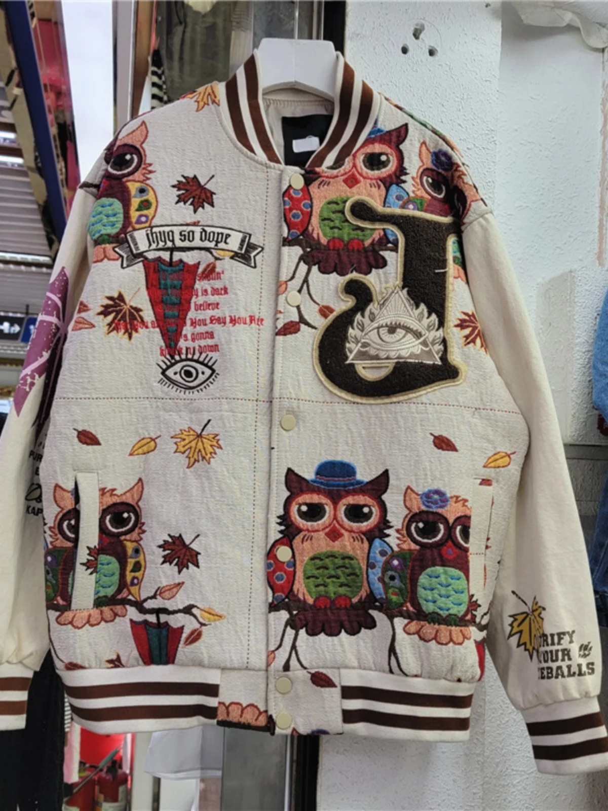 

Loose Oversized Hooded Jaet Street Sle Long Sve Zipper Closure Cartoon Print Baseball Coat for Women Spring Autumn