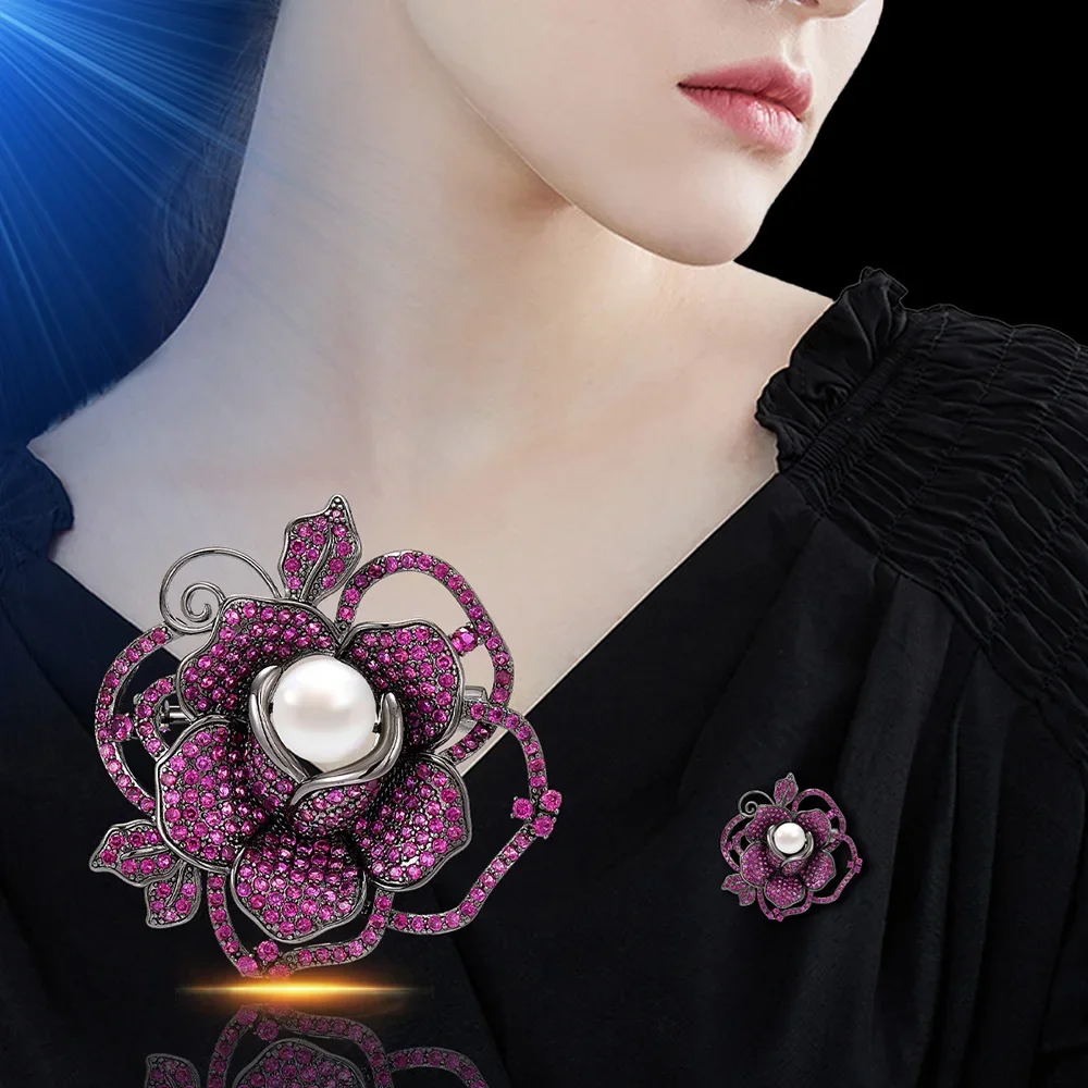 Retro Rose Brooch Purple Green Rhinestone Flower Brooches Unique Design Jewelry Accessories Women's Dress Anti-Slip Buckle Pins